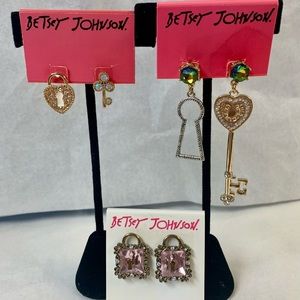 Betsey Johnson “Lock & Key” Set of Three Earrings Vintage Authentic Like New!